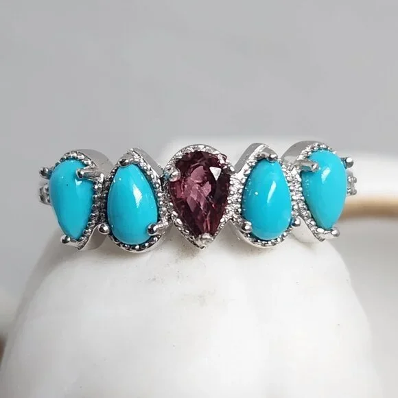 NWT 925 Sleeping Beauty Turquoise & Garnet Ring Size 7 - Picture 3 of 12